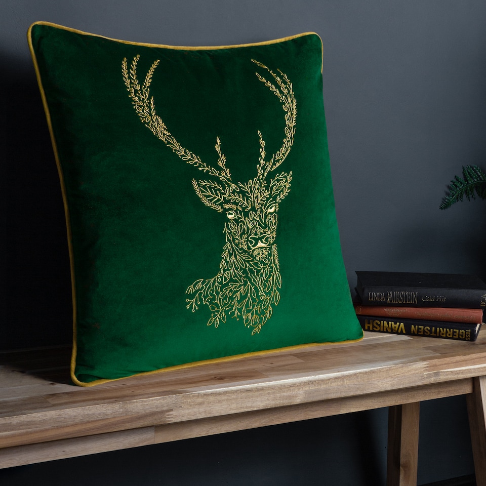 image 1 of Furn Forest Fauna Stag Velvet Piped Cushion, Emerald/Gold, 50 x 50cm