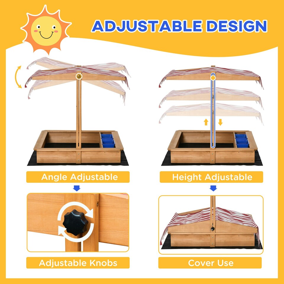 image 1 of Outsunny Kids Wooden Sandbox Sand Pit Height Adjustable with Canopy Basins