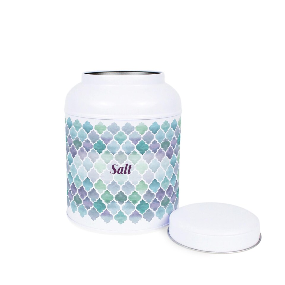 image 1 of Arabesque Tile Salt Canister - Small Domed Lid Kitchen Storage Jar