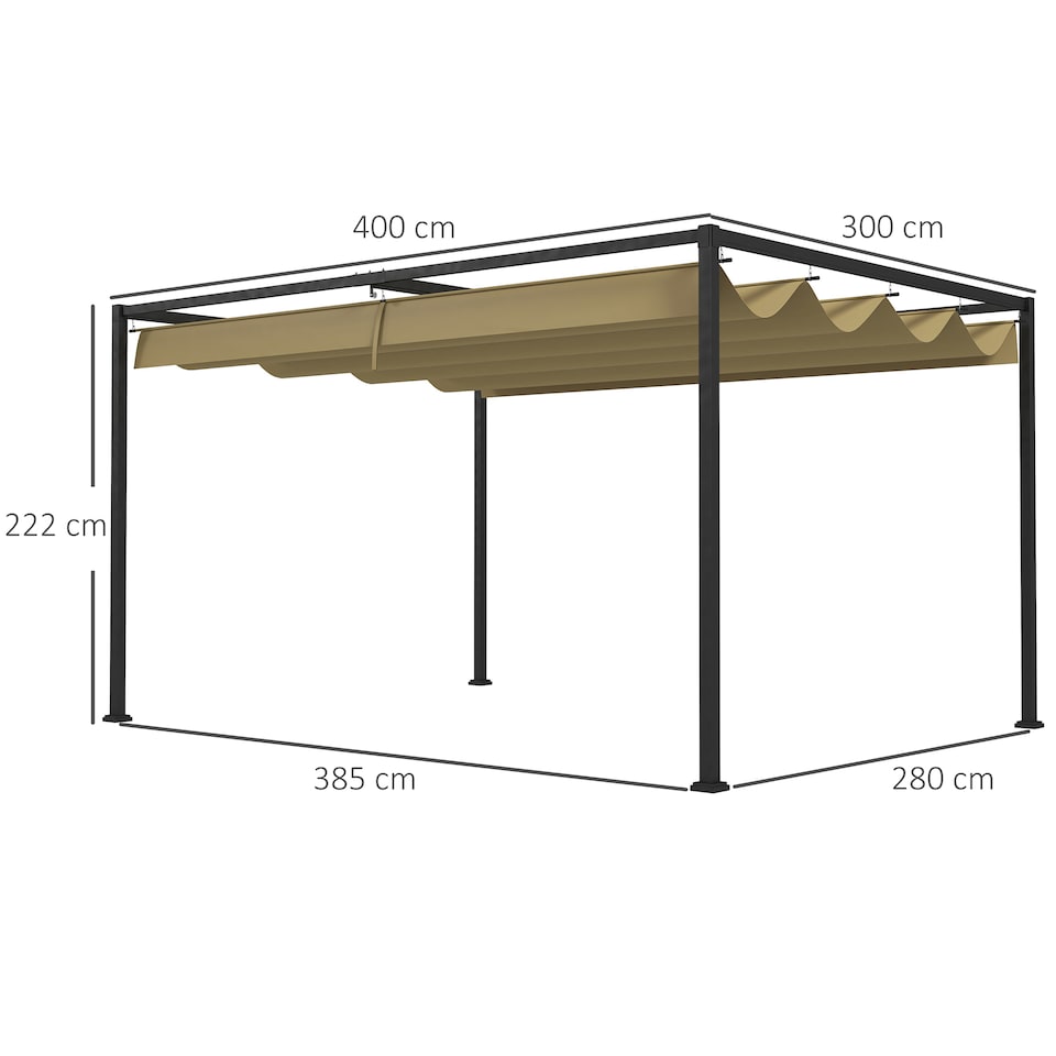 image 1 of Outsunny 4 x 3m Metal Outdoor Pergola with Retractable Roof, Outdoor Gazebo Canopy Shelter with Drainage Holes for Garden, Patio, Lawn, Khaki