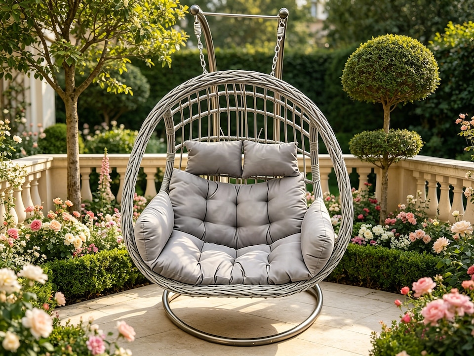 image 1 of Fimous Rattan Hammock Garden Two Seater Hanging Egg Chair Indoor Outdoor Patio Furniture with Grey Cushion