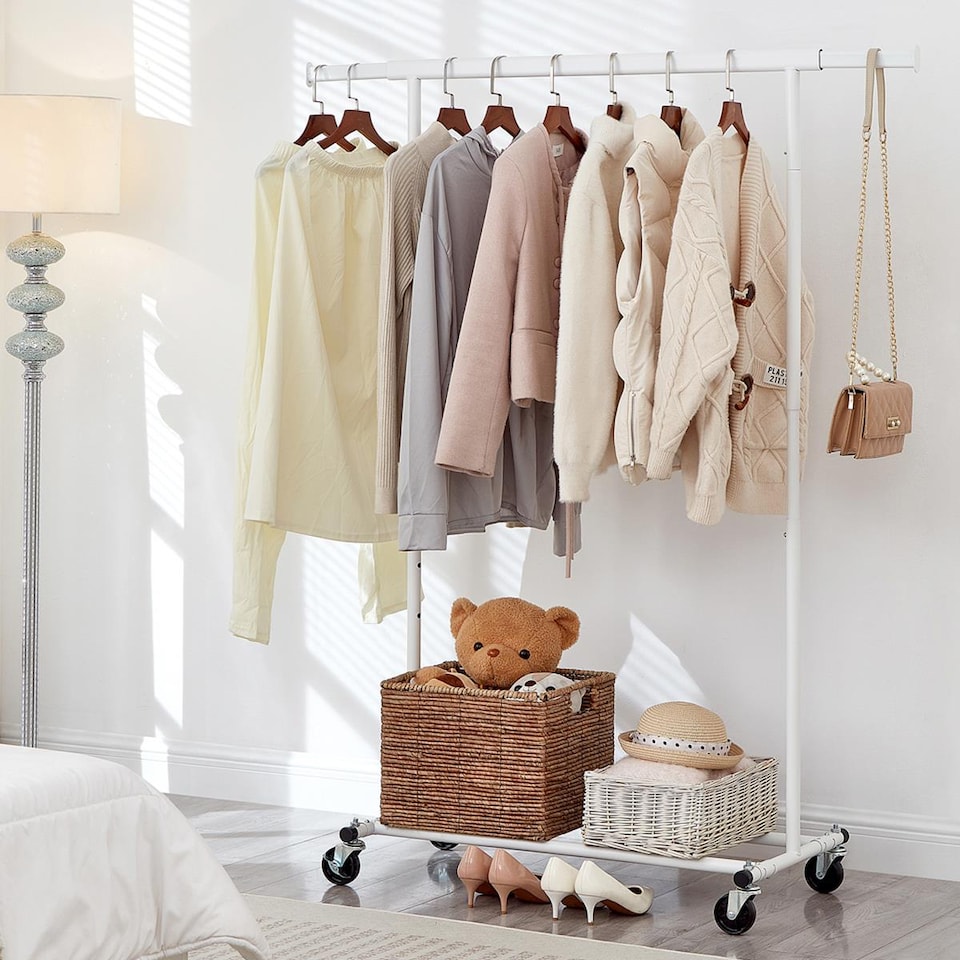 image 1 of House of Home Heavy Duty White Clothes Rail Adjustable Width, Height Shelf on Wheels, 100kg Capacity