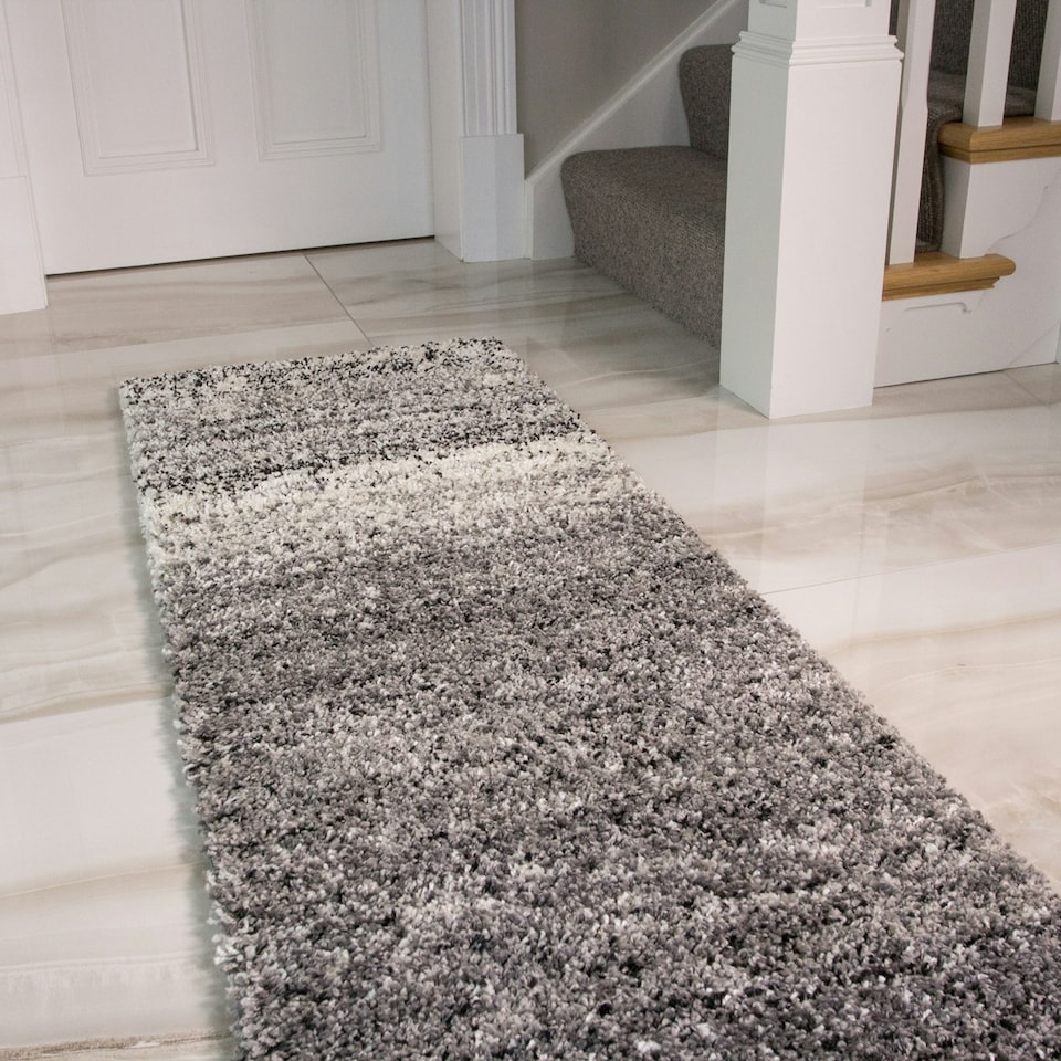 image 1 of KUKOON Black Grey Striped Mottled Shaggy Long Runner Rug 60cm x 240cm Black