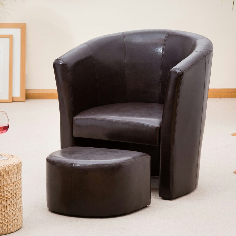 image 1 of Halewood Faux Leather Tub Chair with Integrated Stool - Brown