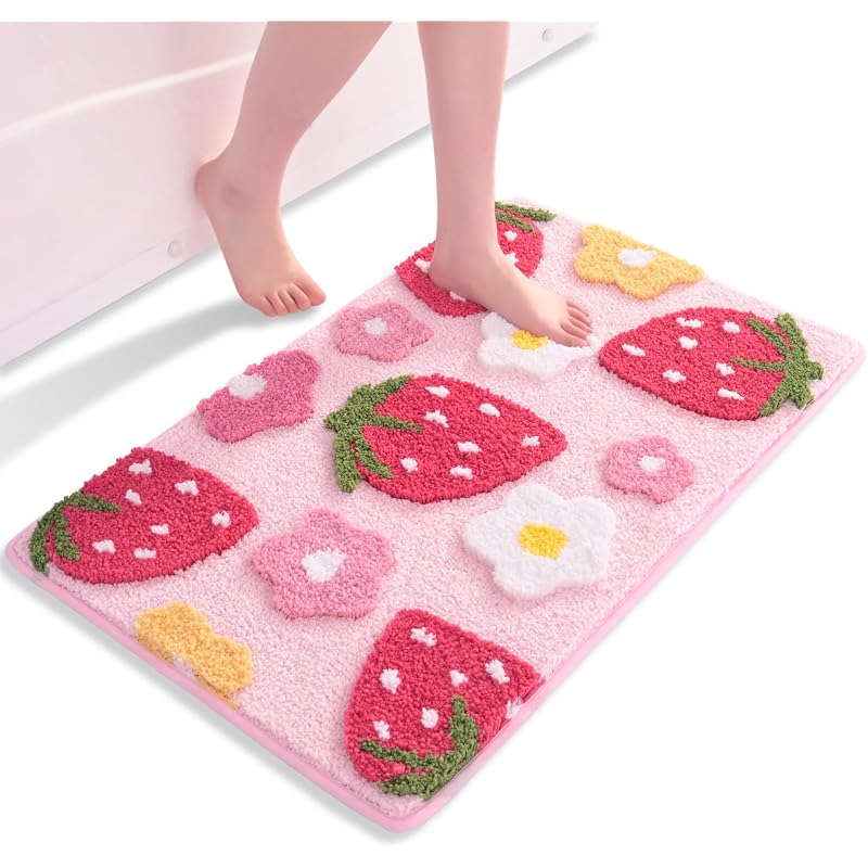 Pink Bath Mat Non Slip Bathroom Mats 45 x 65 cm, Cute Strawberry Bathroom Accessories Flower Floor Mat, Thick Soft Microfiber Bathmat Machine Washable