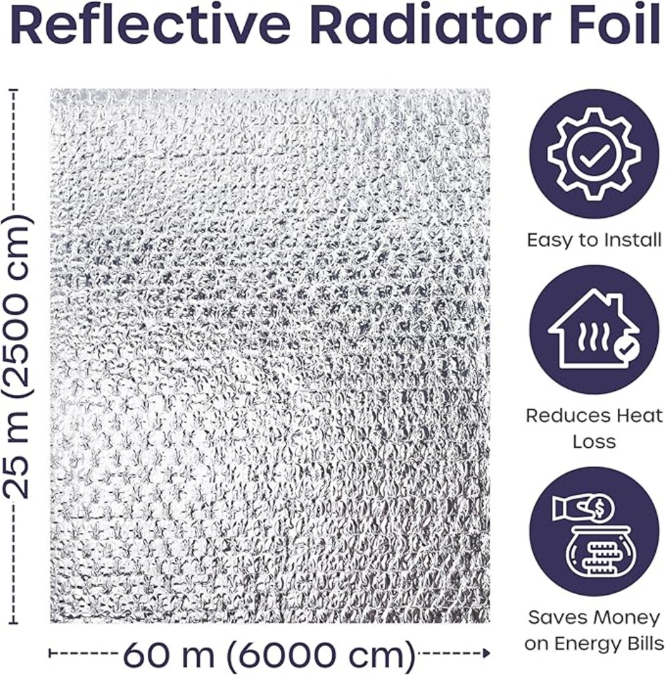 image 1 of Radiator Foil Insulation Roll Reflector Panels - Energy Saving Radiator Heat Deflector for Home Heating | Silver | 25m x 60cm -  Roll | 1