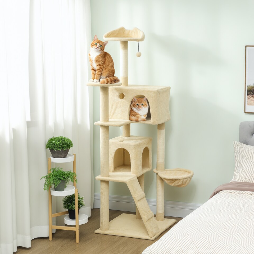 image 1 of PawHut 180cm Cat Tree, Multi-Level Large Cat Tower with 3 Sisal Scratching Posts, Condos, Plush Perches, Hammock, Ladder, Dangling Balls, Kitten Activity Centre for Kittens Playing Relaxing | Cream