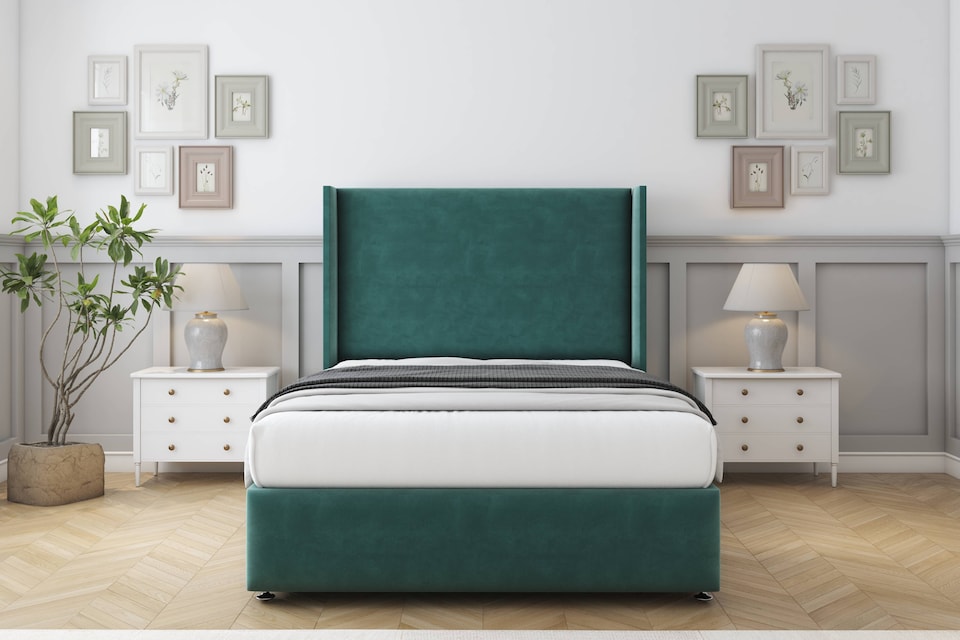 image 1 of Sloomy Stratford Emerald Plush Divan Bed With Mattress 2 Drawers Footend With 54" Wingback Headboard & 12" Matching Footboard 4'6 Double | Green | Emerald | Double | 1