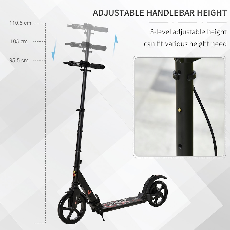 image 1 of HOMCOM Teens Adult Kick Scooter Fold Adjust 14+ w/ Rear Dual Brake System Black | Black | Black