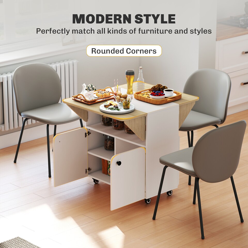 image 1 of HOMCOM Folding Dining Table, Rolling Drop Leaf Table with Hidden Shelf | White | White and Natural Wood | 70W x 83D x 75H cm