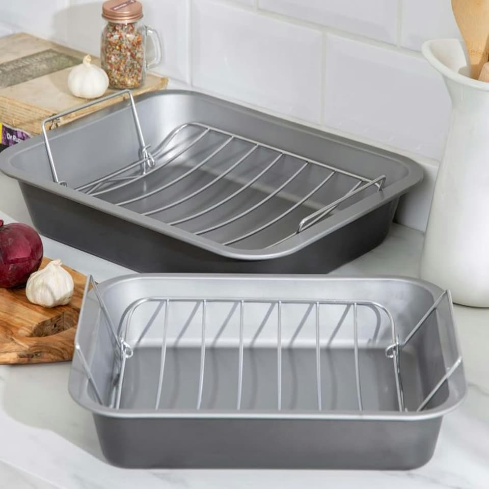 image 1 of 36cm Non-Stick Stainless Steel Curved Roasting Rack & Tray for Ovens Silver