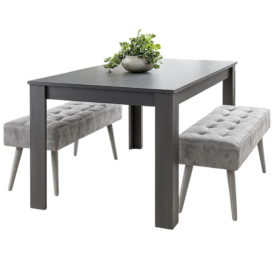 image 1 of Wooden Dining Table Set with 2 Grey Velvet Benches  Modern Dining Furniture