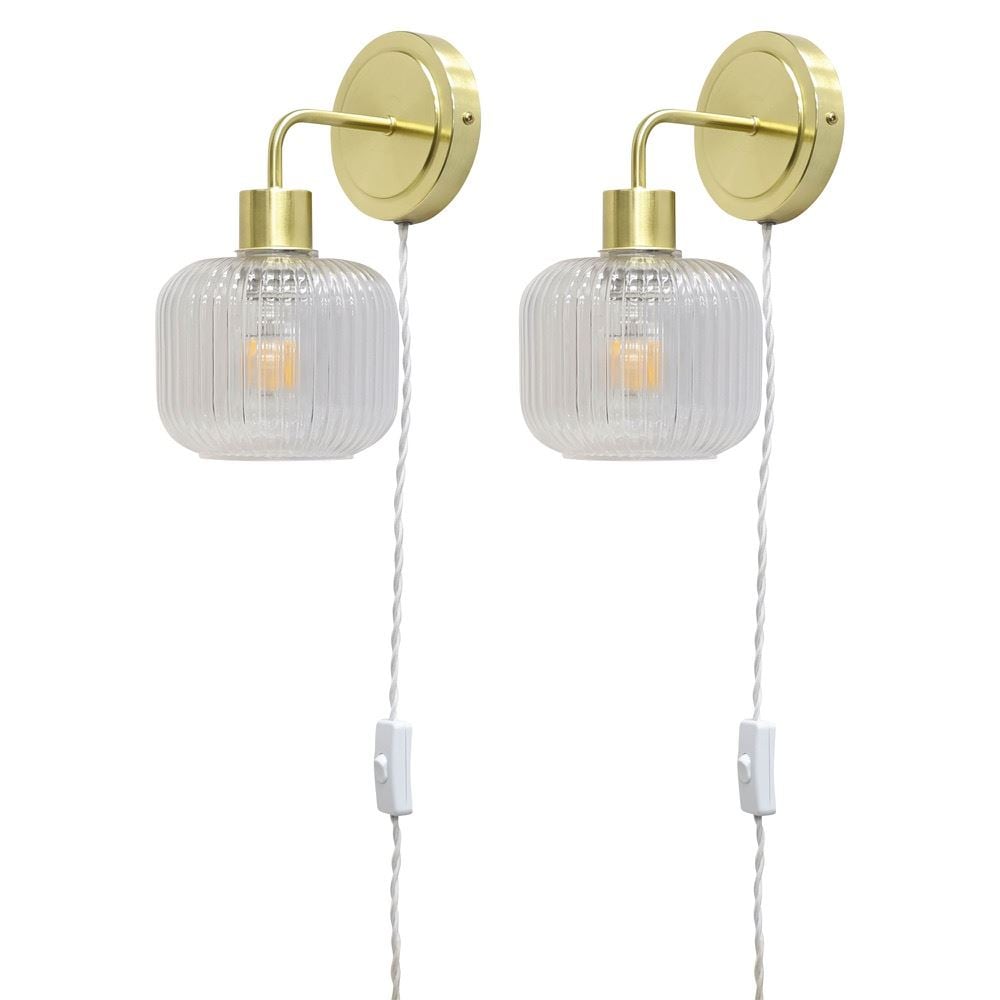 First Choice Lighting Set of 2 Toby - Satin Brass Plug in Wall Lights Ribbed Glass Shades in Gold