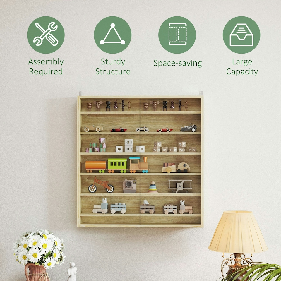 image 1 of HOMCOM 7-Tier Wall Display Cabinet w/ Shelves Glass Doors, Oak Brown