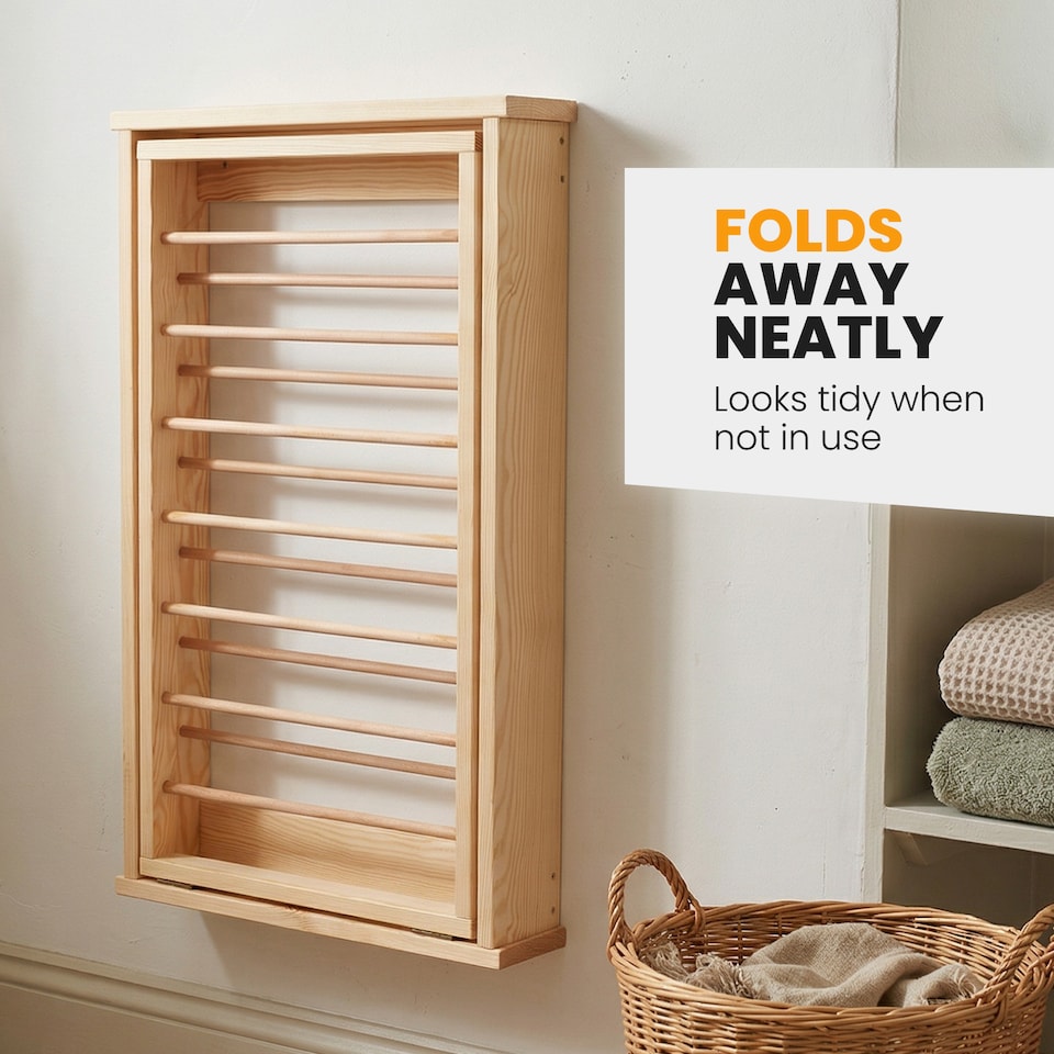 image 1 of Natural Wall Mounted Wooden Clothes Drying Rack with Double side Rails - Foldable and Space-Saving Clothes Airer