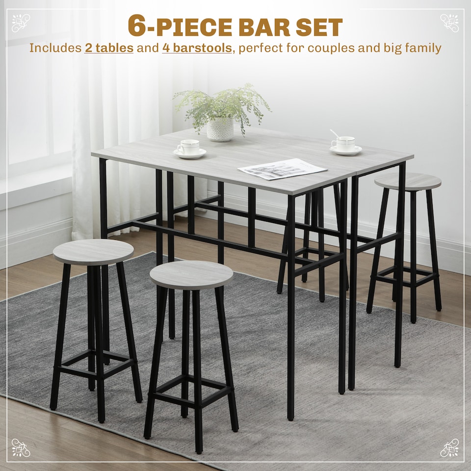 image 1 of HOMCOM 6-Piece Bar Table Set, Counter Height Kitchen Dining Set with 2 High Tables & 4 Stools, Space Saving Compact Bar Furniture for Small Kitchens and Flats, Multiple Arrangements, Grey