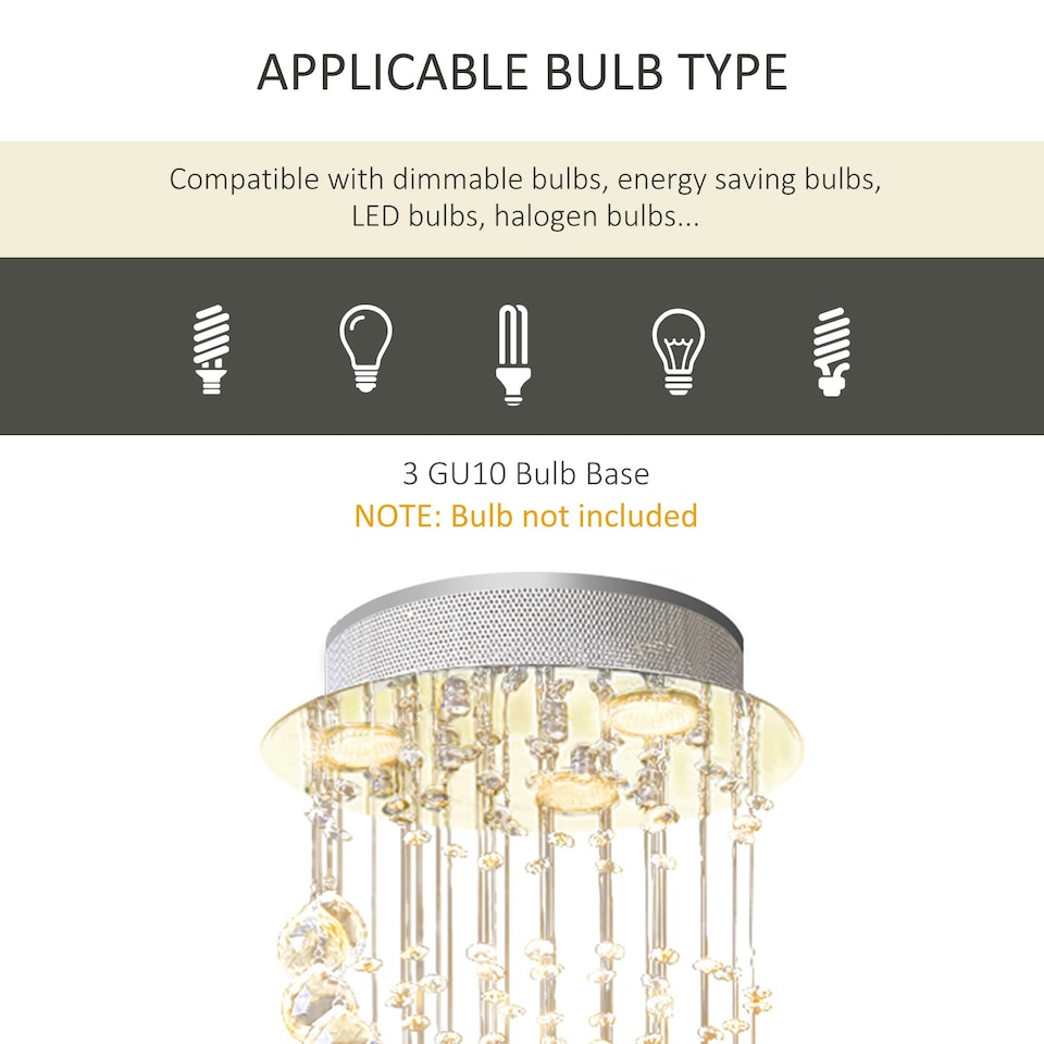 image 1 of HOMCOM Modern Crystal Droplet Ceiling Light Stainless Steel Bedroom Hallway