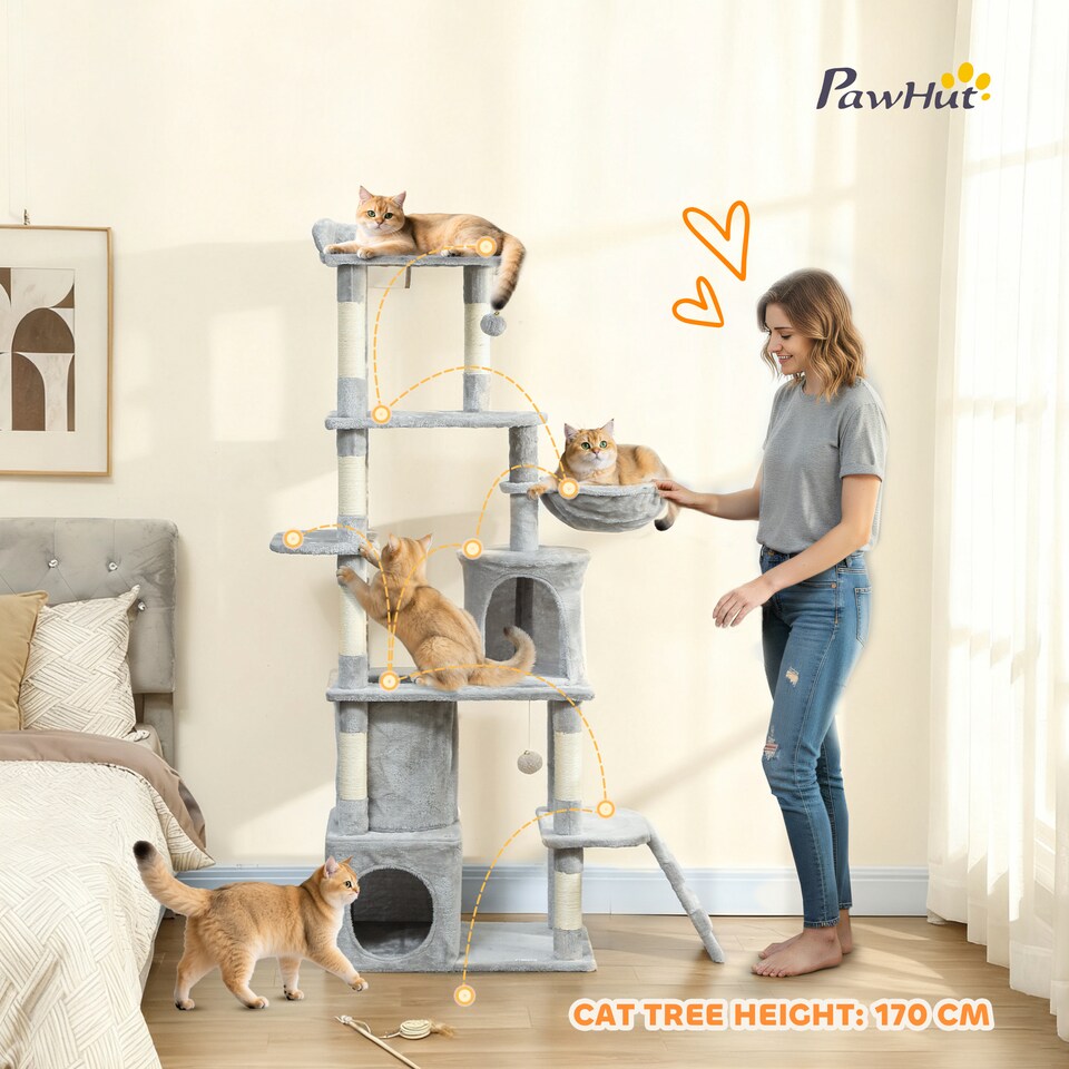 image 1 of PawHut Cat Tree, 170 cm Large Cat Tower with 7 Scratching Posts, 1 Tunnel, 2 Condos, 1 Hammock, 1 Perch, 1 Ramp, 3 Platforms, 2 Pompoms, Multi-Level Kitty House for Indoor Kittens, Light Grey