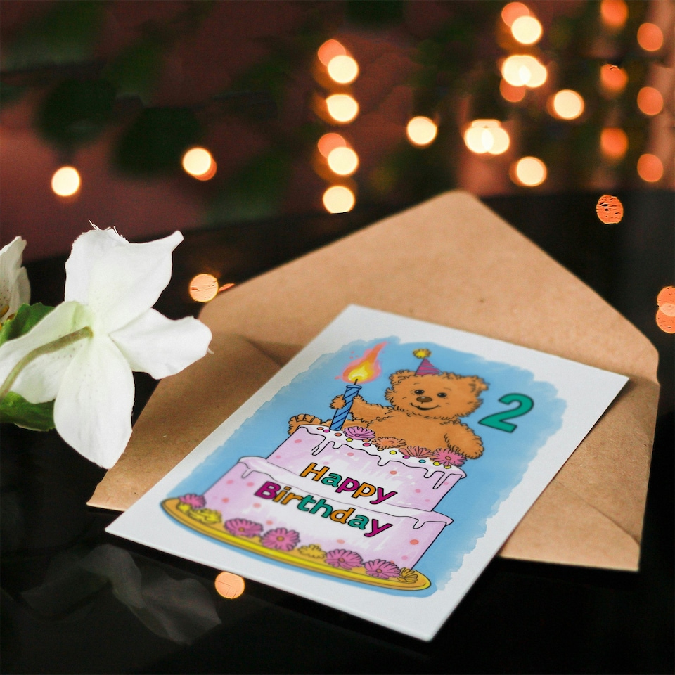 image 1 of Teddy Bear Cake Party Hat Cartoon Cute 2nd 2 Year Old Birthday Card