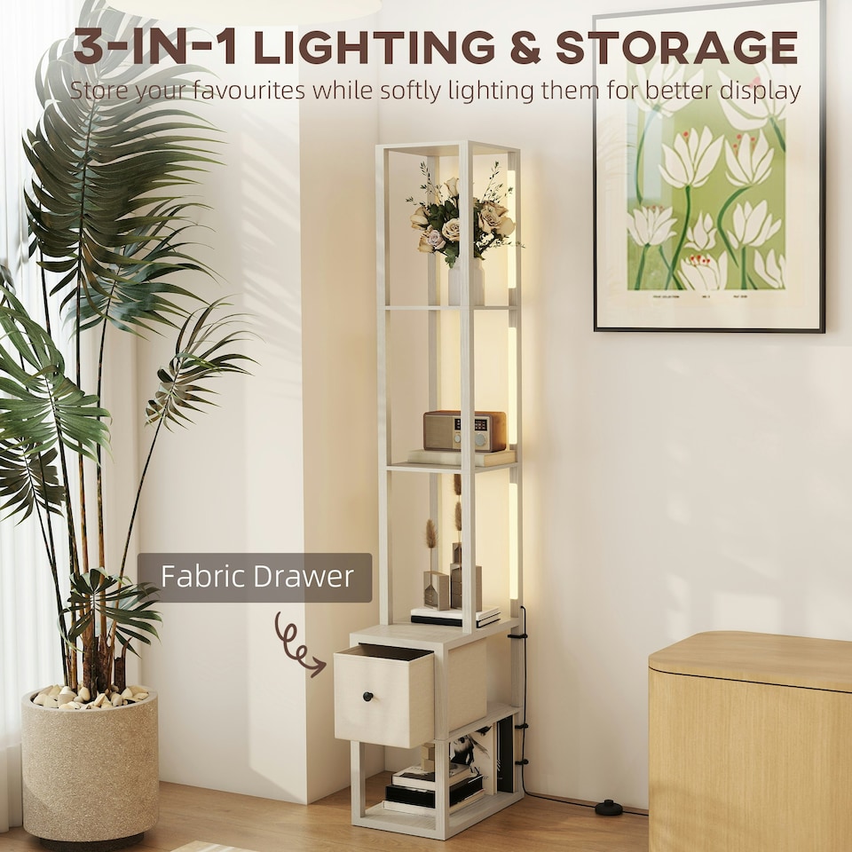 image 1 of HOMCOM Floor Lamp with Shelves, LED Standing Lamp with Fabric Drawer, Oak | Brown | Beige | 43.5L x 26.5W x 169H cm