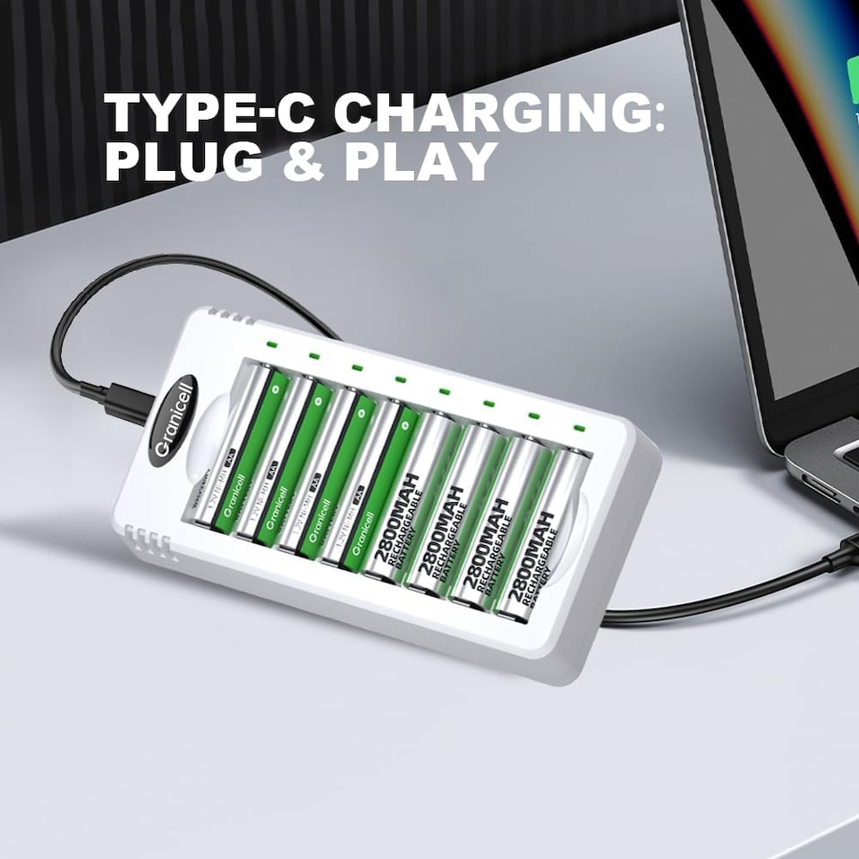 image 1 of Granicell 8 Bay AA AAA Battery Charger, USB Smart Battery Charger, Type-C Connector with LED Display, Individual Slots for Ni-MH Ni-CD Rechargeable Batteries