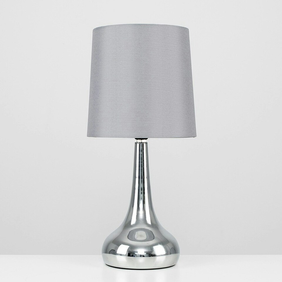 image 1 of ValueLights Teardrop Pair of Chrome Touch Table Lamps with Grey Shade and Bulbs