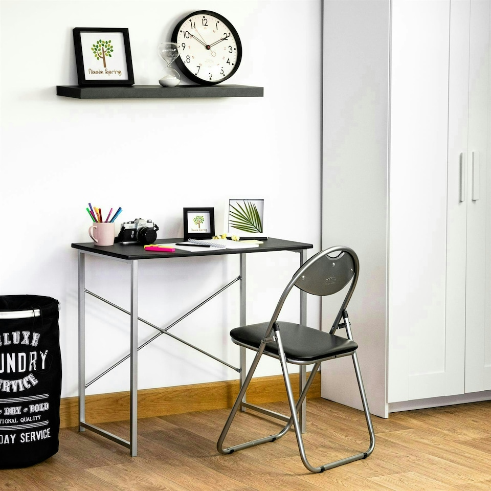 image 1 of Harbour Housewares Industrial Office Desk & Chair Set - Black/Black - Computer Desk Wooden Desk Laptop Desk PC Desk Black
