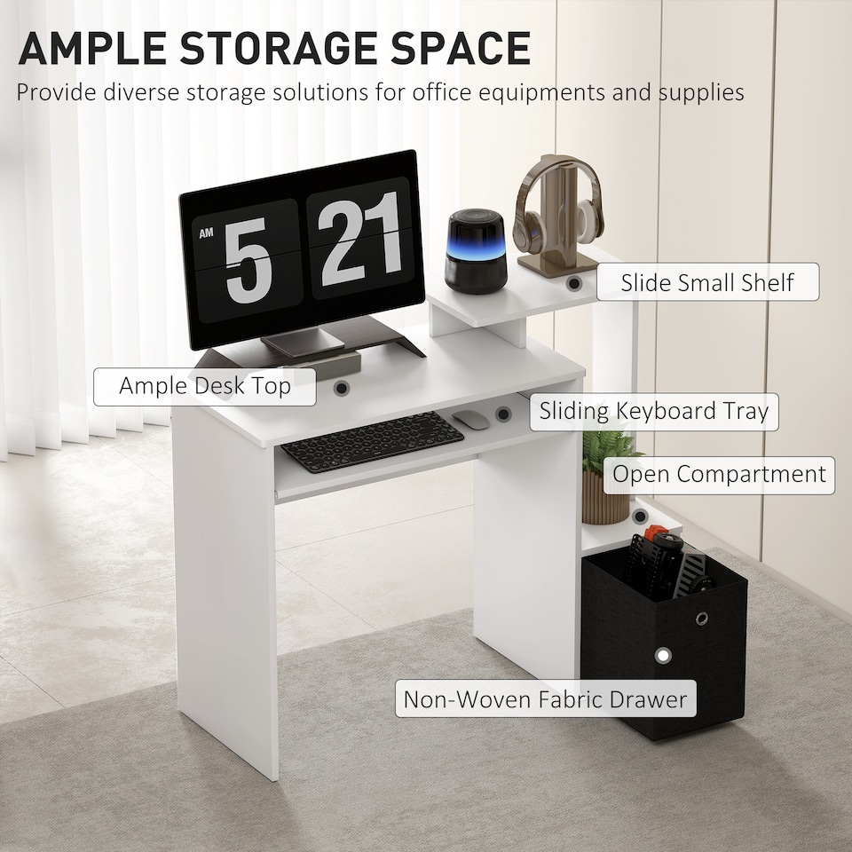 image 1 of HOMCOM Computer Desk with Sliding Keyboard Tray Storage Drawer Shelf Home Office Workstation White