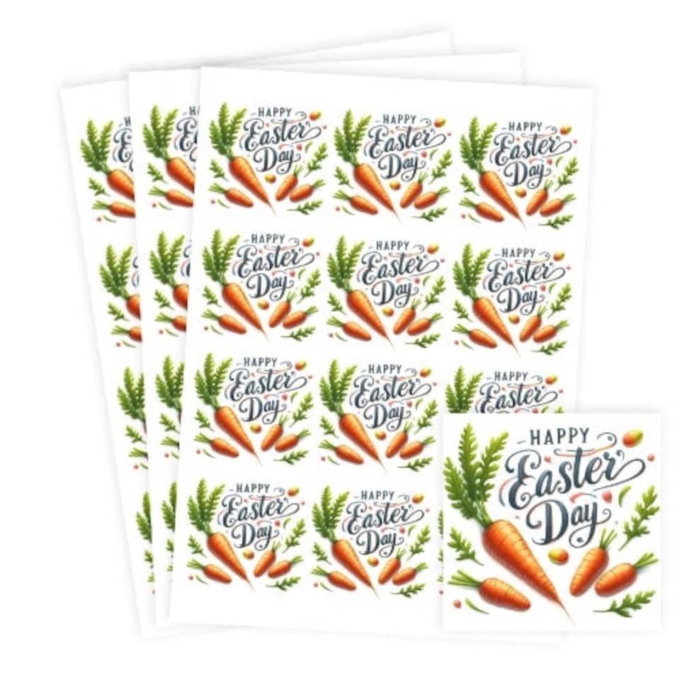 image 1 of Happy Easter Carrots Square Stickers 65mm - Sheet of 12