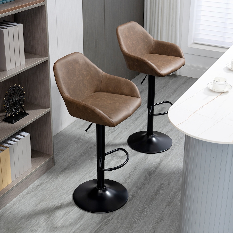 image 1 of HOMCOM Bar Stools Set of 2, Height Adjustable Swivel Barstools, PU Leather Kitchen Stools with Backs, Armrests and Footrest for Home, Counter and Dining Room, Dark Brown