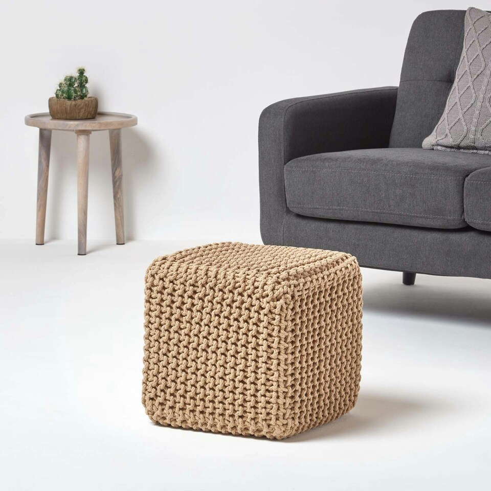 image 1 of Homescapes Linen Cube Cotton Knitted Pouffe Footstool