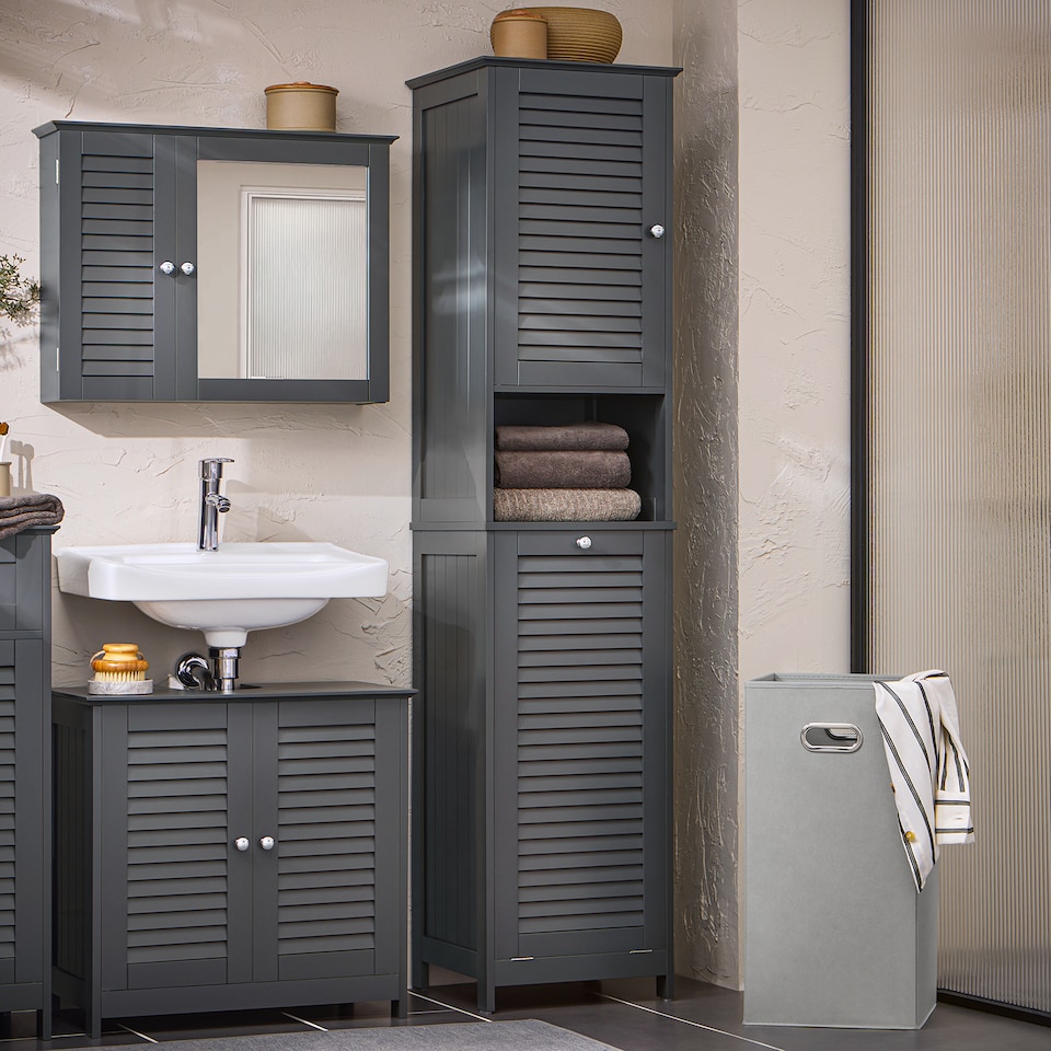 image 1 of SoBuy BZR124-DG,Tall Bathroom Storage Cabinet with Laundry Basket | Grey | Grey | 1