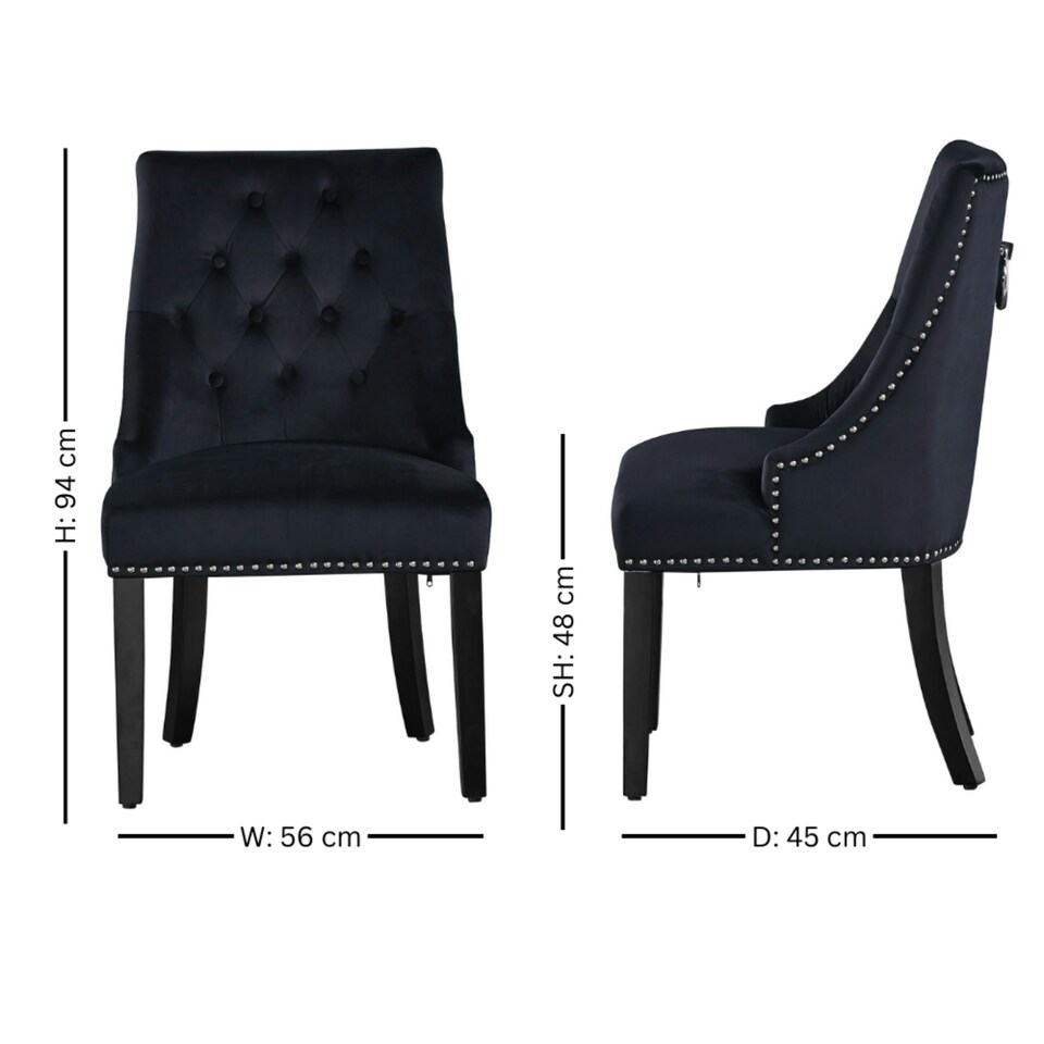 image 1 of Set of 2 Velvet Dining Chairs Ergonomic Scoop Knockerback & Button Tufted Wood Legs Black