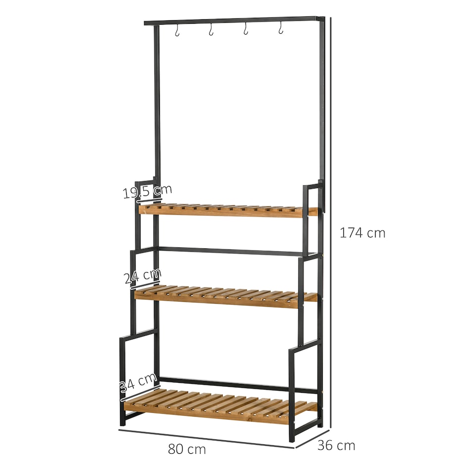 image 1 of Outsunny 3 Tiered Plant Stand Rack with Hanging Hooks for Indoor Outdoor