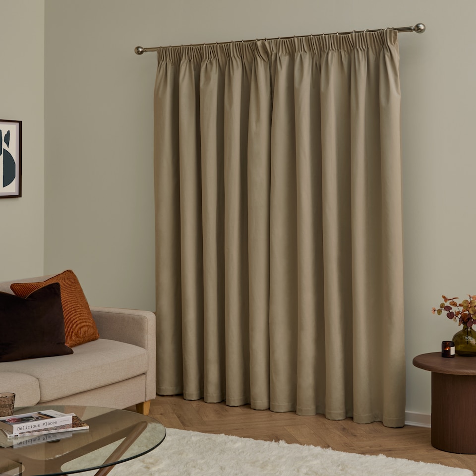 image 1 of furn. The Ultimate Velvet Blackout Pencil Pleat Curtain Pair, Mocha, (W)229x (D)183cm | Brown | Mocha | One Size