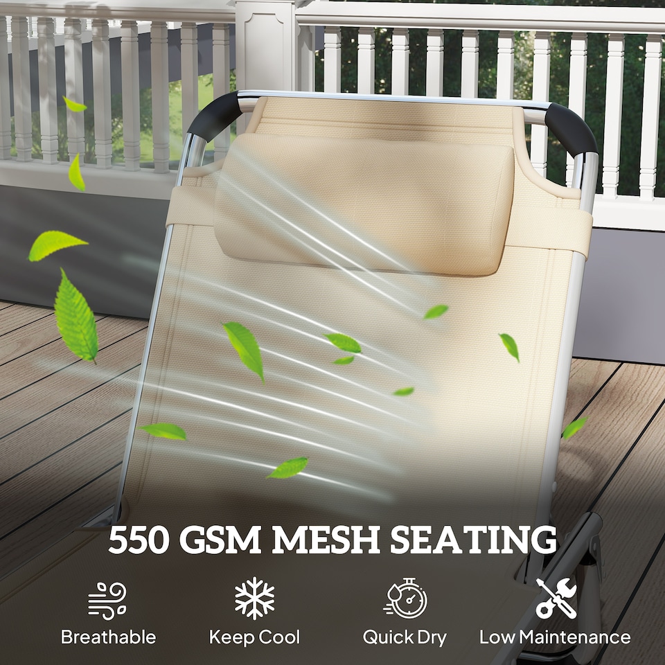 image 1 of Outsunny Foldable Outdoor Sun Lounger, Reclining Lounge Chair Camping Bed Cot with Pillow 4-Level Adjustable Back Aluminium Frame, Khaki