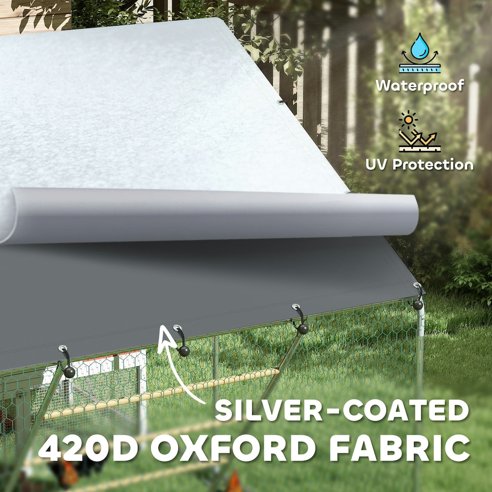image 1 of PawHut Walk in Chicken Run with Waterproof & UV-Resistant Cover, Hanging Feeder, Perch, Hen Poultry House for 6-8 Chickens, Ducks, Rabbits, Geese, Silver