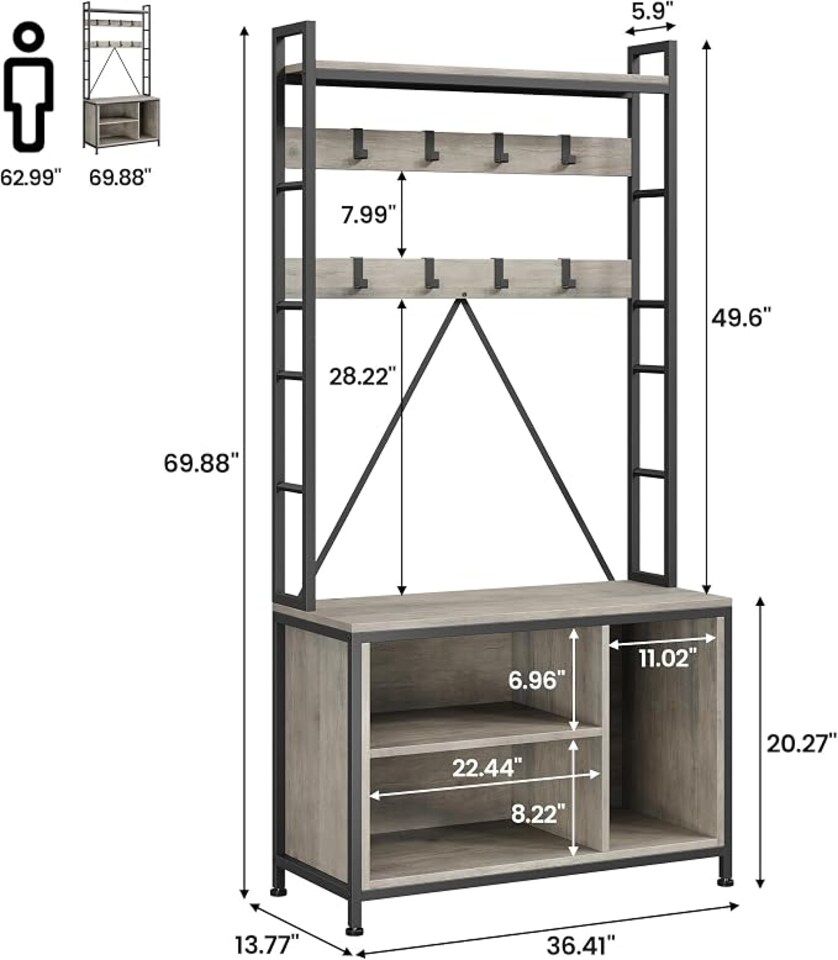 image 1 of London Boutique 5-in-1 Freestanding Hall Tree with Bench & Drawers