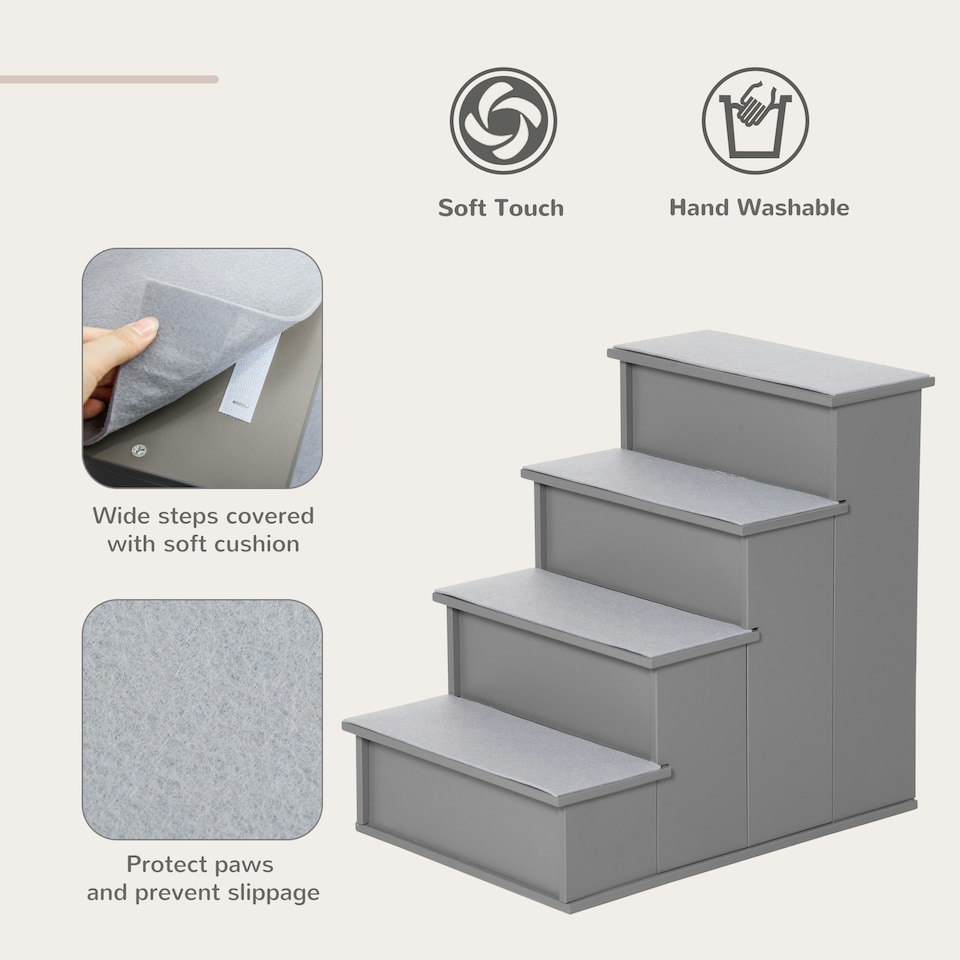 image 1 of PawHut 4 Step Wooden Dog Steps Pet Stairs Cat Ladder for Bed Couch, Grey