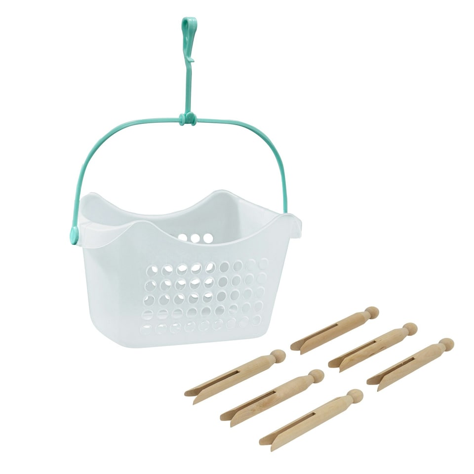 image 1 of JVL Plastic Peg Basket with 72 Wooden Dolly Pegs, Brown