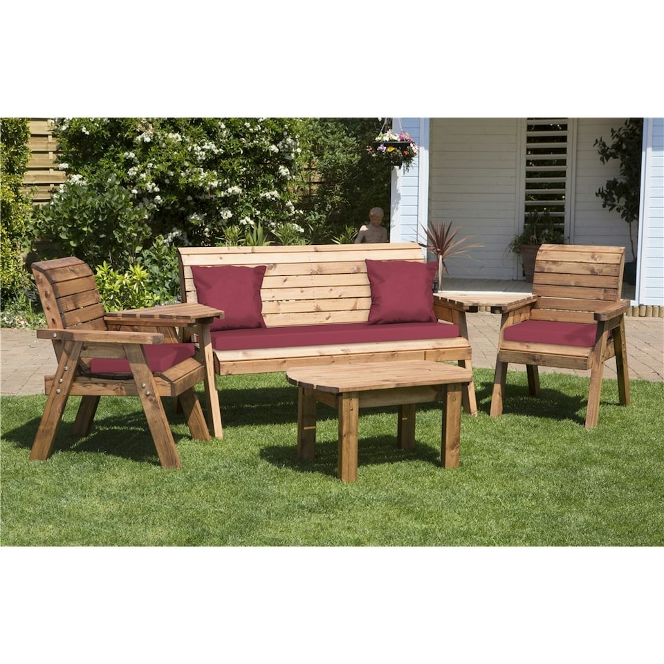 image 1 of Wooden 5 Seater Set With 1 x Bench Cushion Burgundy, 2 x Chair Cushion Burgundy & 2 x Scatter Cushion Burgundy