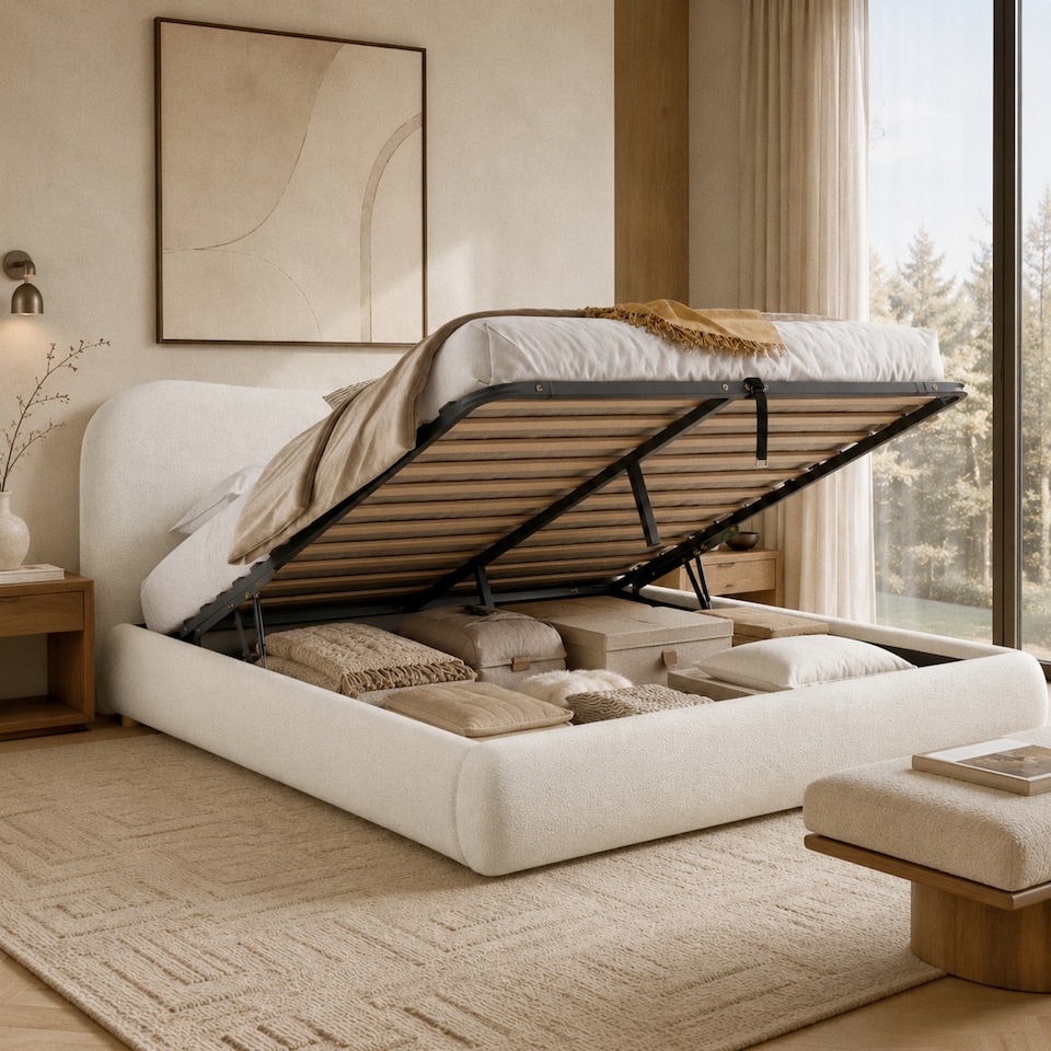 King 5FT Ottoman Storage Bed with Curved Headboard and Rounded Corners ...
