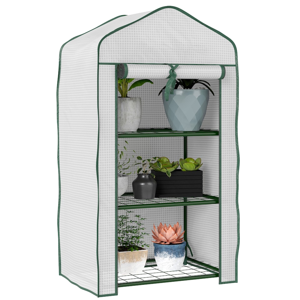 image 1 of Outsunny Portable Mini Greenhouse with Roll-up Door and Wire Shelves, White