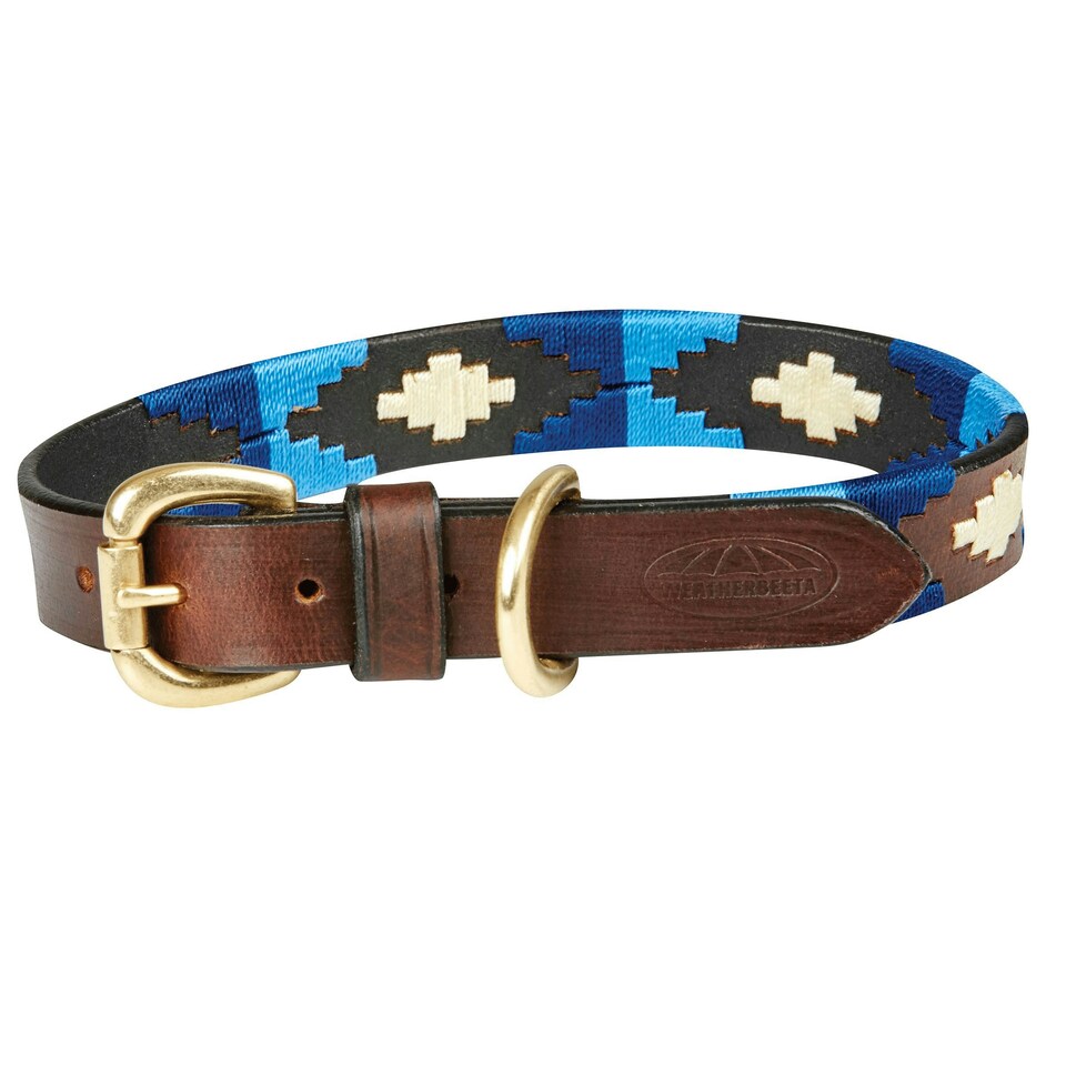 Weatherbeeta Polo Leather Dog Collar - Cowdray Brown/Blue - Medium