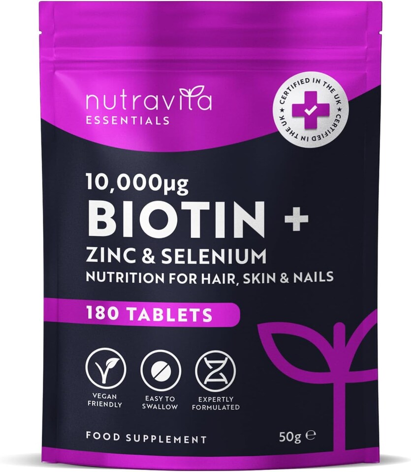 image 1 of Nutravita Biotin Hair Growth Supplement 10,000mcg with Zinc & Selenium - Maintain Normal Hair Skin & Nails with Zinc & Selenium - 180 Vegan Tablets
