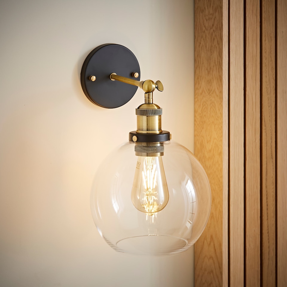 image 1 of ValueLights Sheridan Black and Gold Wall Light Fitting with a Clear Glass Globe Shade & Bulb | Chrome