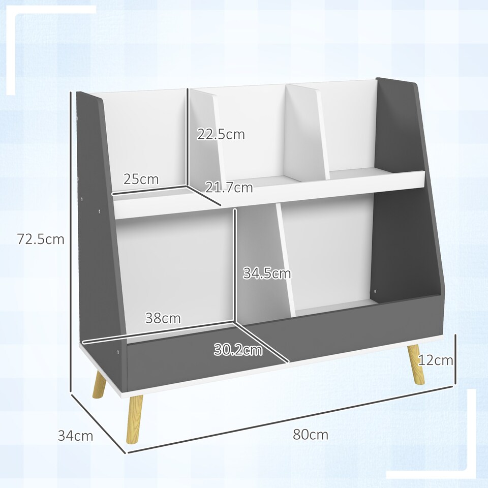 image 1 of HOMCOM Kids Storage Shelf, 2-Tier Kids Book Shelf with 5 Compartments, Anti-Tip Device, Pine Wood Legs, for Nursery, Playroom, Classroom - Grey