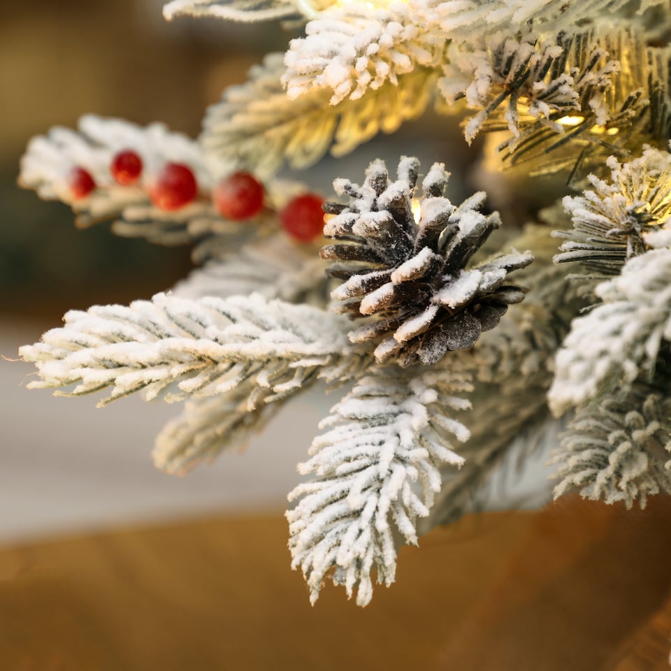 image 1 of HOMCOM 60 cm Prelit Small Christmas Tree with 35 LED Lights, Snow Flocked Tabletop Mini Xmas Tree with Pine Cones, Berry Clusters and Linen Cover Base, Battery Operated, Green