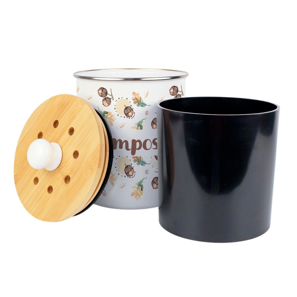 image 1 of Acorns & Oak Leaves Compost Caddy - Metal 2L Decorative Kitchen Food Waste Bin