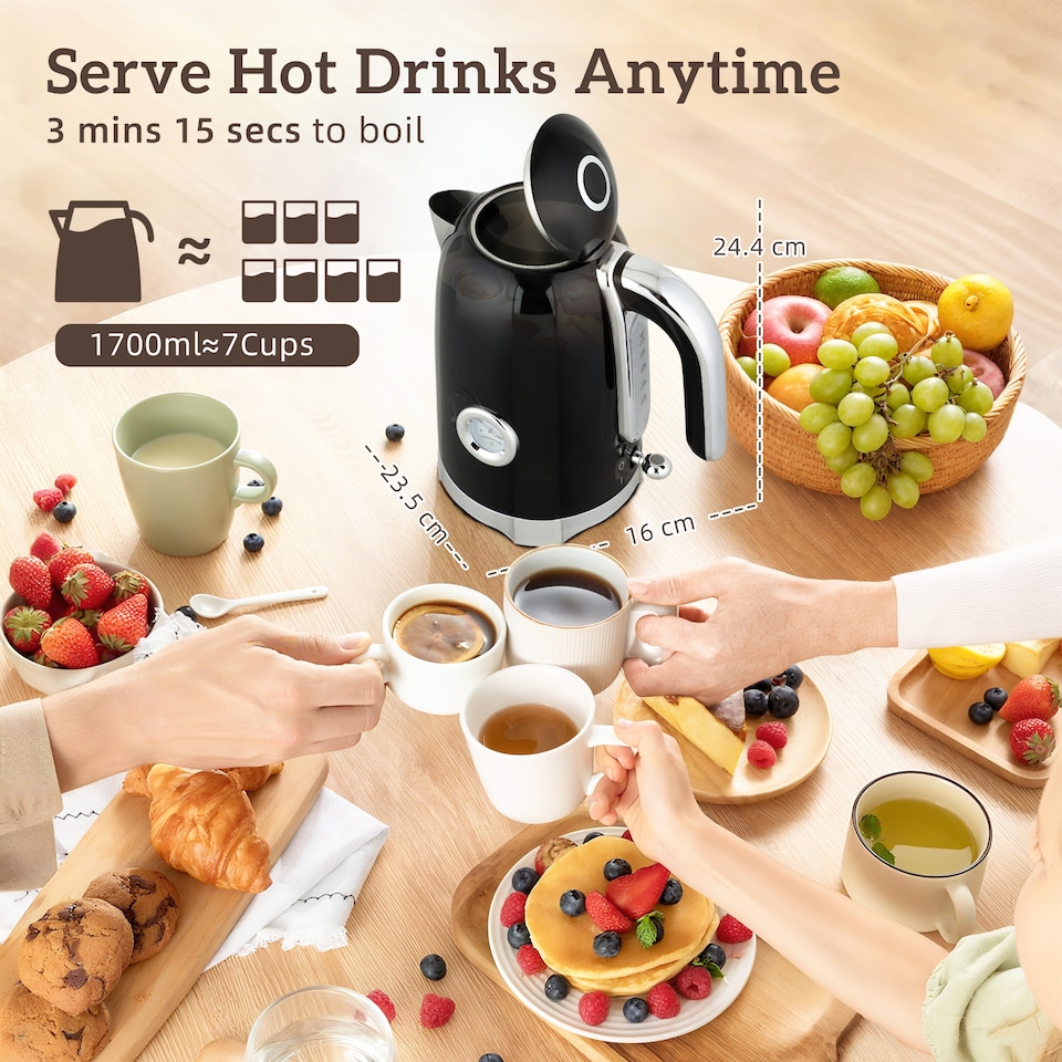 image 1 of HOMCOM Retro Kettle and Toaster Set with Temperature Gauge, 1.7L 3000W Rapid Boil Jug Kettle with Otter Thermostat, Limescale Filter, 4 Slice Toaster with 7 Browning Controls, Crumb Tray, Black | Black